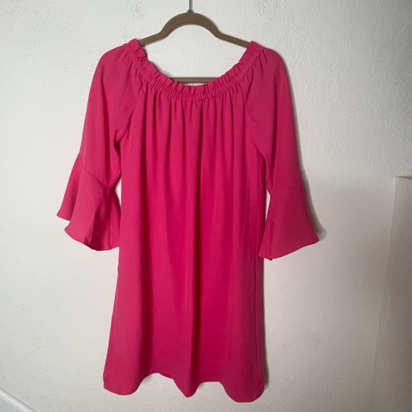 Trina Turk NWT Knox Off Shoulder Dress Flared Sleeve Shift Size M Pink Lined - Picture 2 of 14